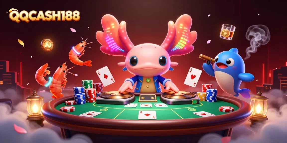 Engage in thrilling poker experiences with QQCASH188's vibrant 3D illustration featuring a DJ axolotl and energetic sea creatures.