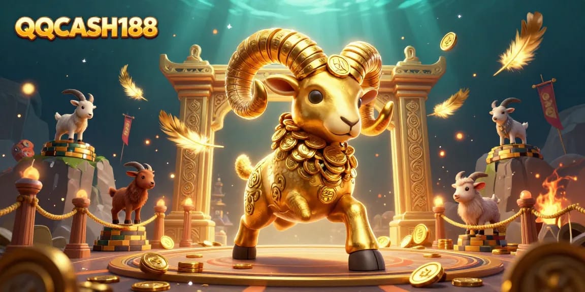 Experience the excitement of QQCASH188’s dynamic scene with a golden ram charging through a lavish casino backdrop.