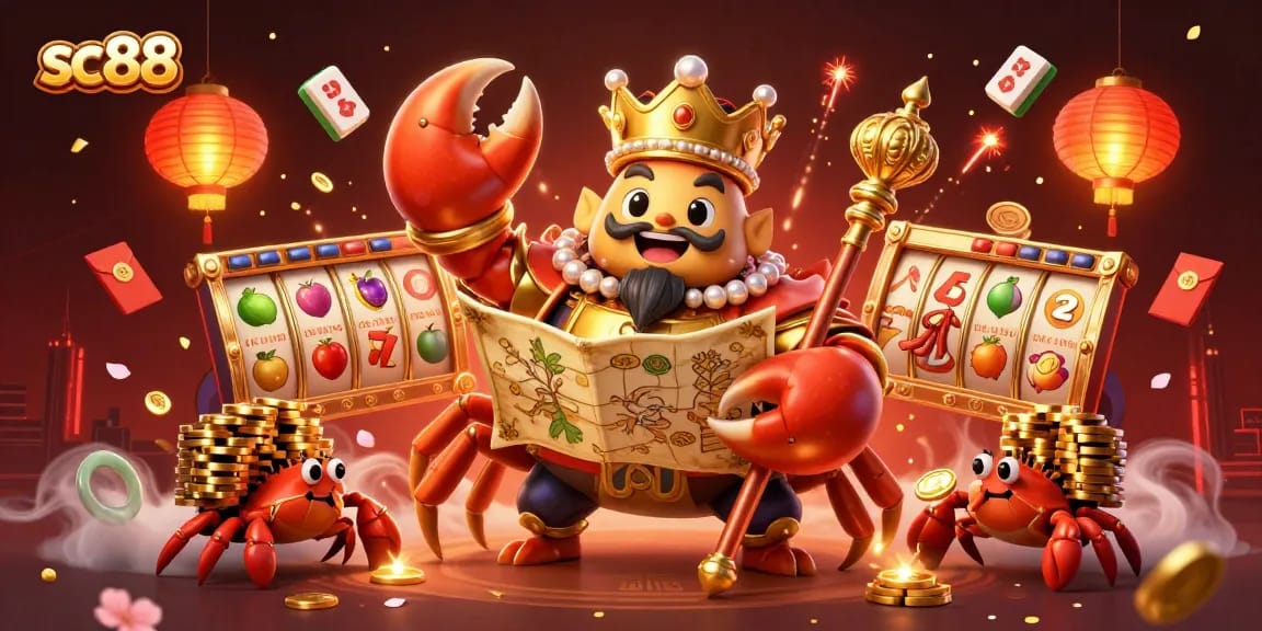Spin the slots with sc88 in an energetic 3D casino scene featuring a golden crab emperor.