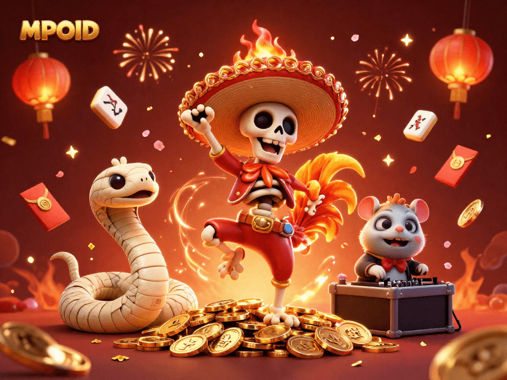 MPOID lottery excitement flares with vibrant 3D characters amid dazzling casino elements.