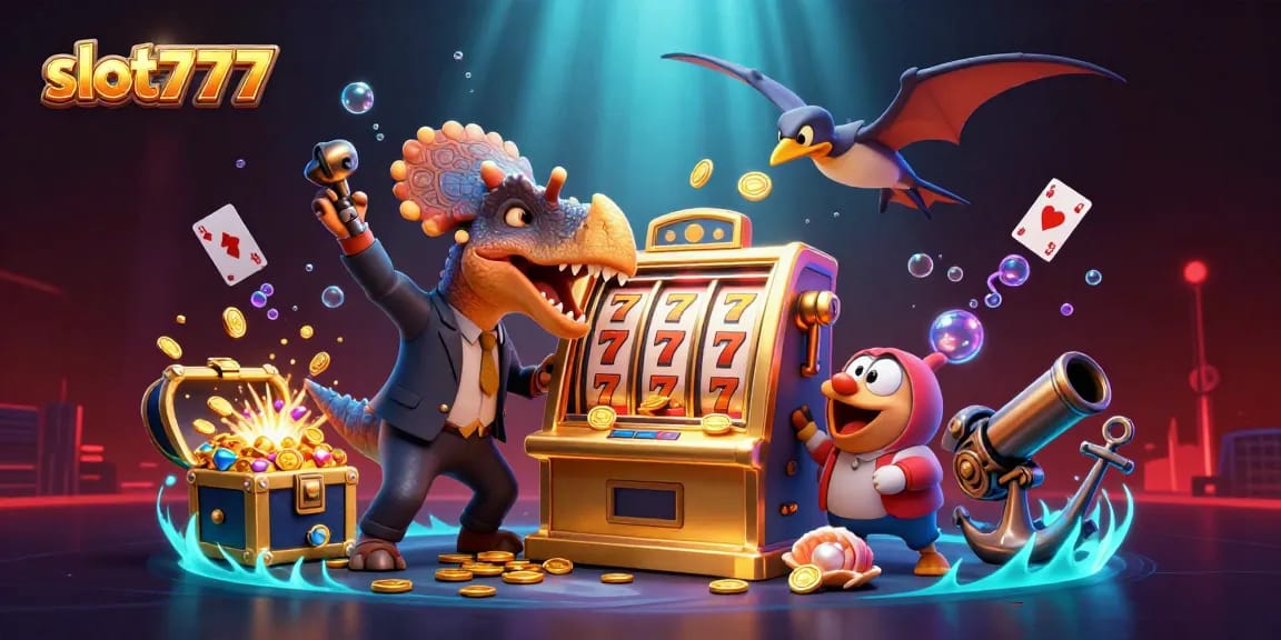 Experience thrill with slot777 as a pachycephalosaurus activates a golden slot machine jackpot!