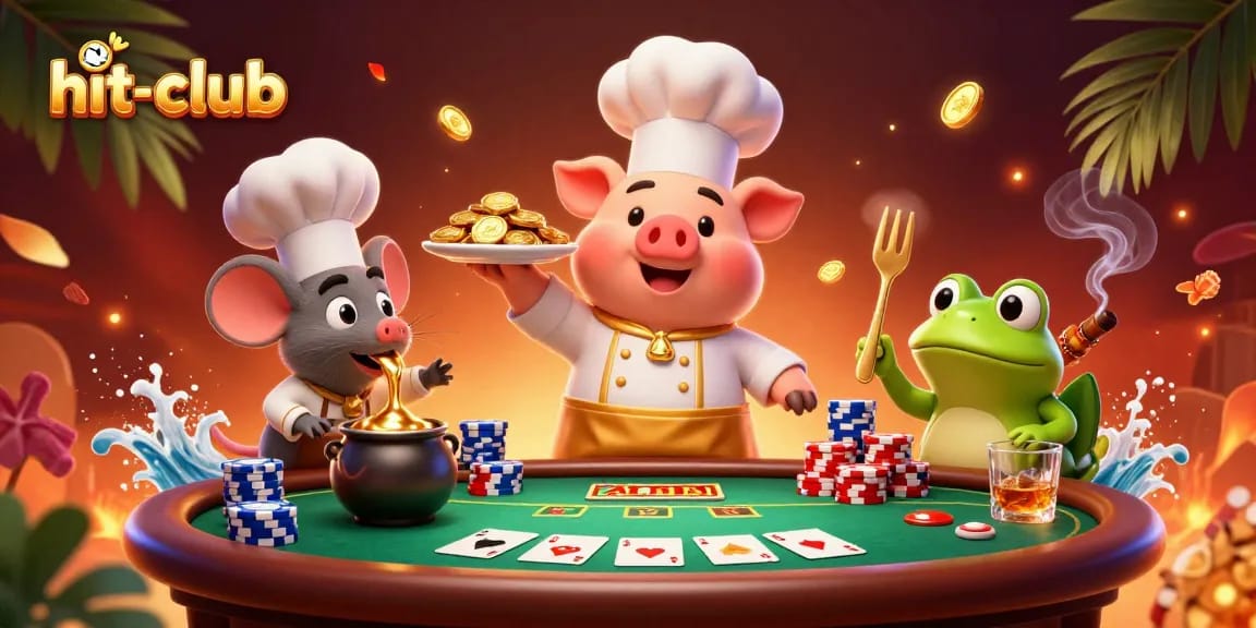 Experience thrilling gaming at hit-club with vibrant characters engaging in poker and casino elements.
