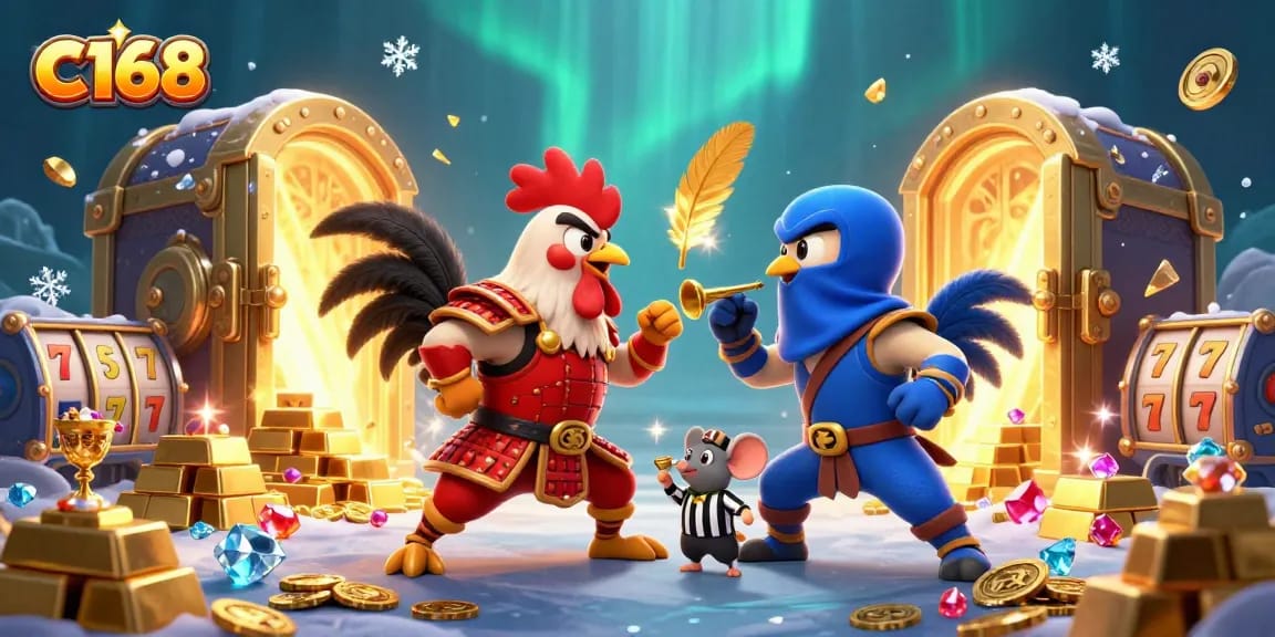 C168 gaming showdown with twin cartoon roosters and slot elements, showcasing dynamic casino action.