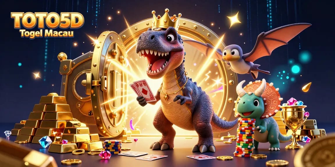 TOTO5D Togel Macau: T-Rex, pterodactyl dan triceratops beraksi di kasino dengan harta karun emas.