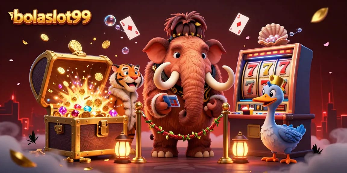 Bolaslot99 showcases a vibrant 3D scene with a woolly mammoth bouncer and VIP guests at a casino.