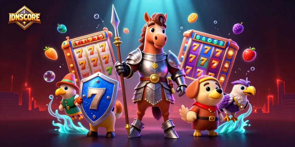 IDNSCORE character illustration with a knight, squire, and falcon enjoying slot reels and jackpots.