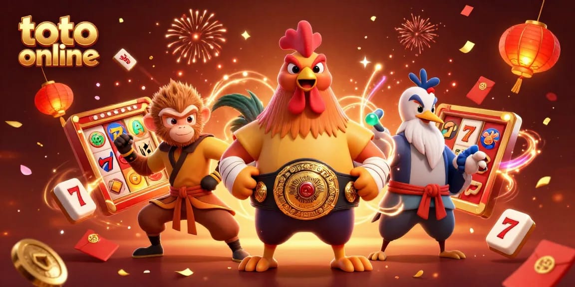Menghadirkan keseruan toto online, ilustrasi rooster Muay Thai dan karakter lainnya dalam permainan.
