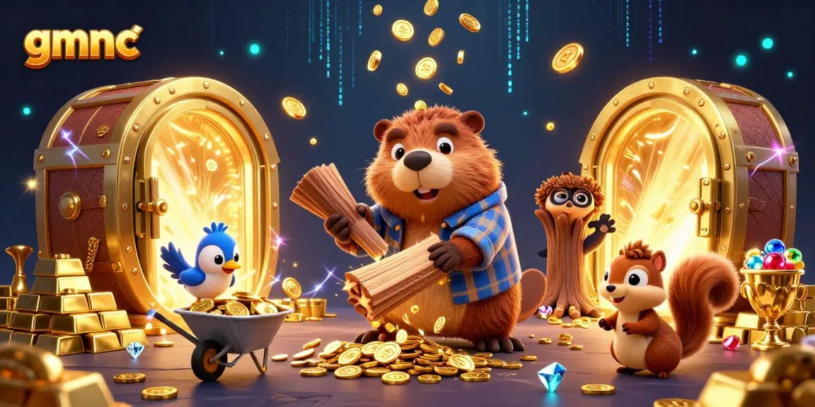 Experience gmnc's thrilling adventure with a beaver collecting gold coins and treasures in a vibrant casino scene.