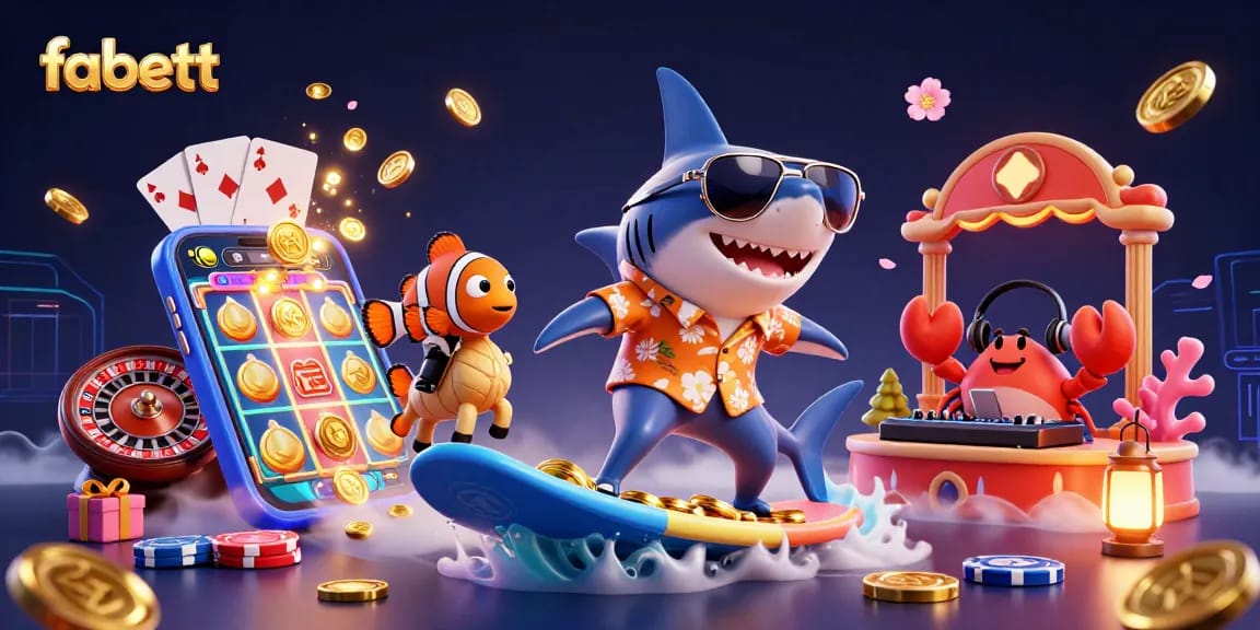 Experience the fabett gaming adventure with a shark surfing on gold coins, surrounded by vibrant casino elements.