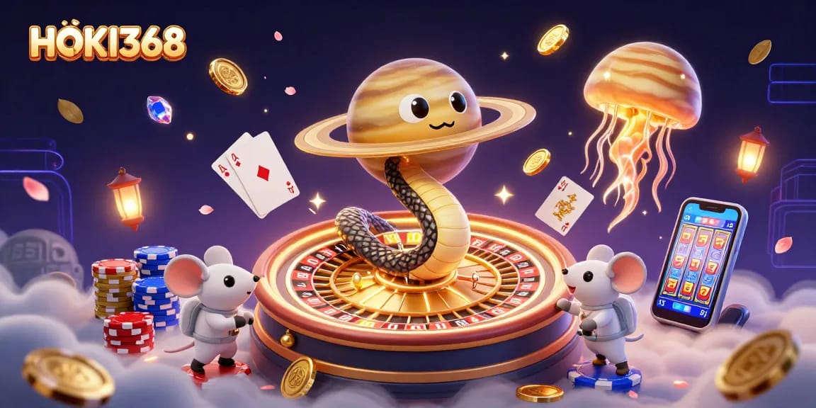 Experience big wins at HOKI368 with vibrant 3D casino illustration featuring engaging characters and action