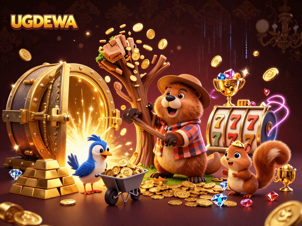 Experience the thrills of UGDEWA with a colorful scene of characters enjoying a coin rain and jackpot excitement.