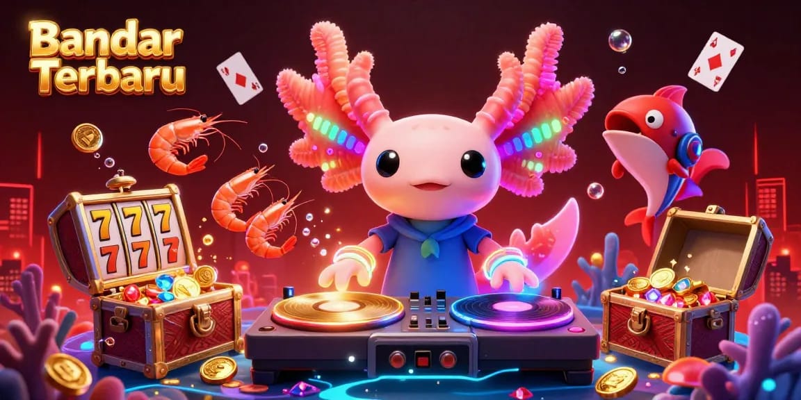 Experience exhilarating gameplay excitement with Bandar Slot Terbaru, featuring vibrant axolotl DJ and lively shrimp dancers.