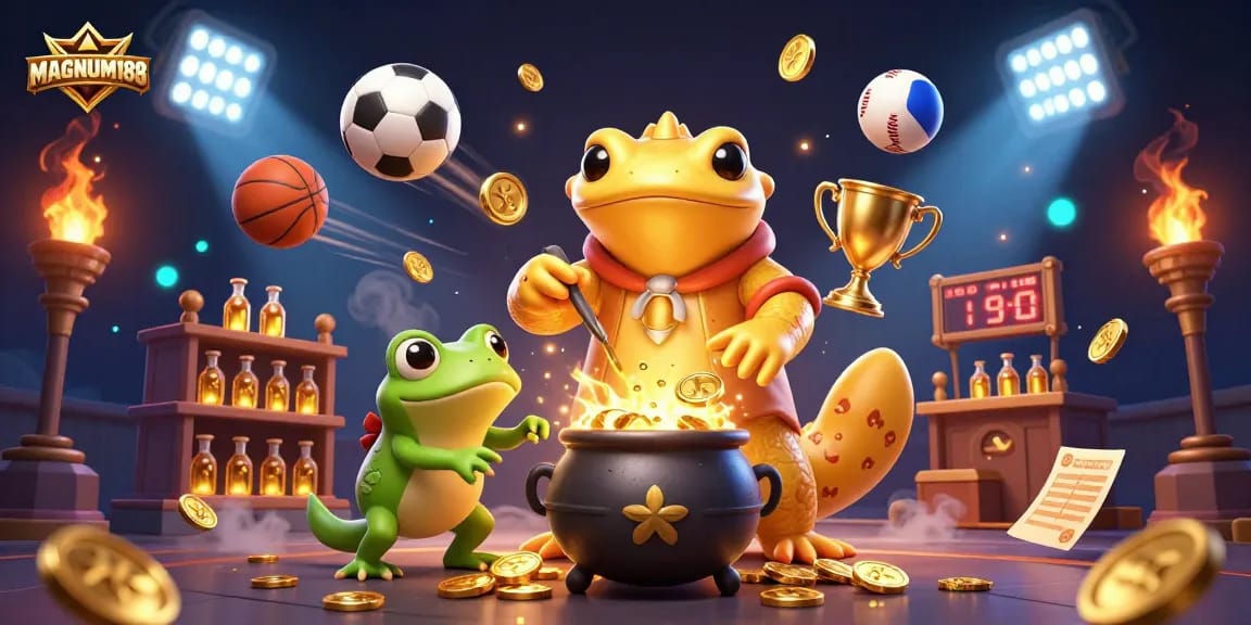 Engage with MAGNUM188's exciting world of betting, featuring a vibrant, dynamic 3D casino scene