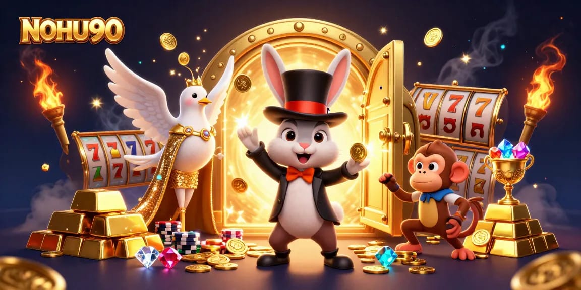 Experience the thrill of NOHU90 with a magician rabbit and vibrant casino elements in a dazzling scene.