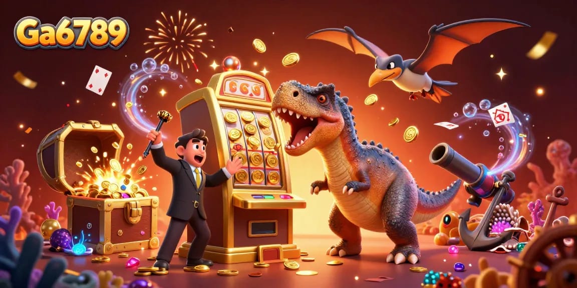 Ga6789 showcases an engaging scene with characters in a vibrant casino-themed setting, headbutting a slot machine.