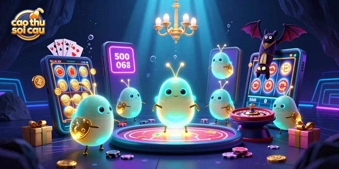 Cao thu soi cau illuminates a cave casino with glowworms and a bat dealer, showcasing vibrant slot games and rich casino elements.