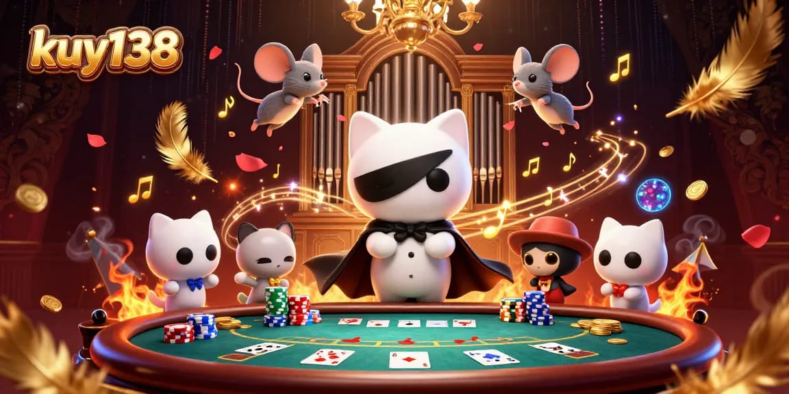 Gambarkan elemen judi dengan kuy138 pada ilustrasi ceria kasino, kucing dan mouse akrobat.