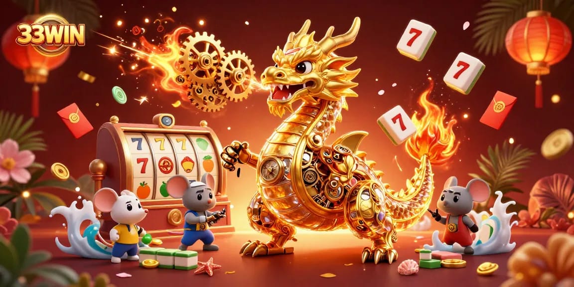 Engage in thrilling gaming adventures at 33WIN with vibrant 3D imagery of golden dragon and festive elements.