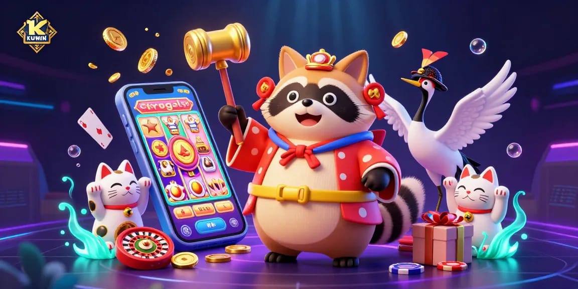 Experience the thrilling world of KUWIN with a cheerful tanuki and vibrant festival scene.
