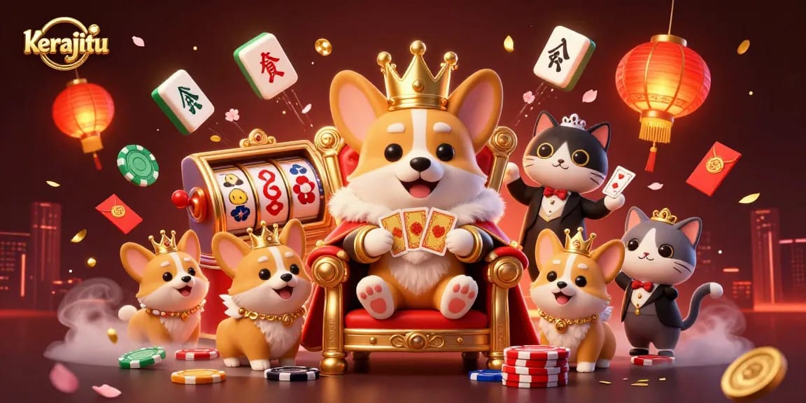Join the kerajitu royal corgi in this vibrant casino scene filled with poker and festive decorations.