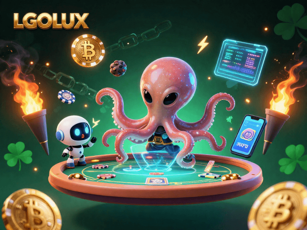 Winning at LGOLUX with an alien octopus gaming at a futuristic poker table and floating poker chips.