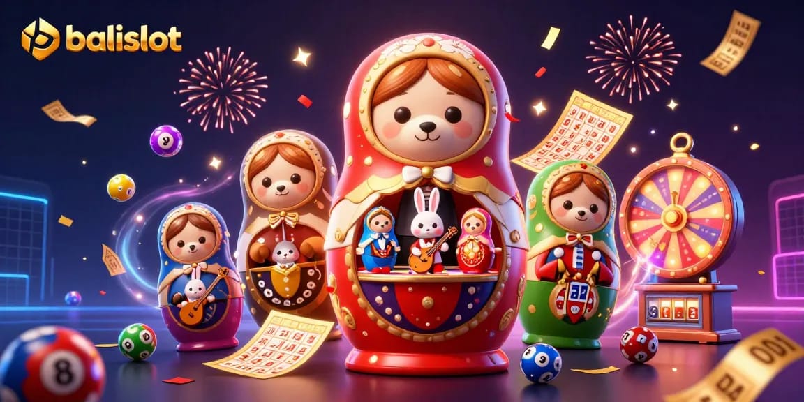 Memenangkan balislot dalam permainan kasino yang menarik dengan beruang Matryoshka dan elemen warna-warni.