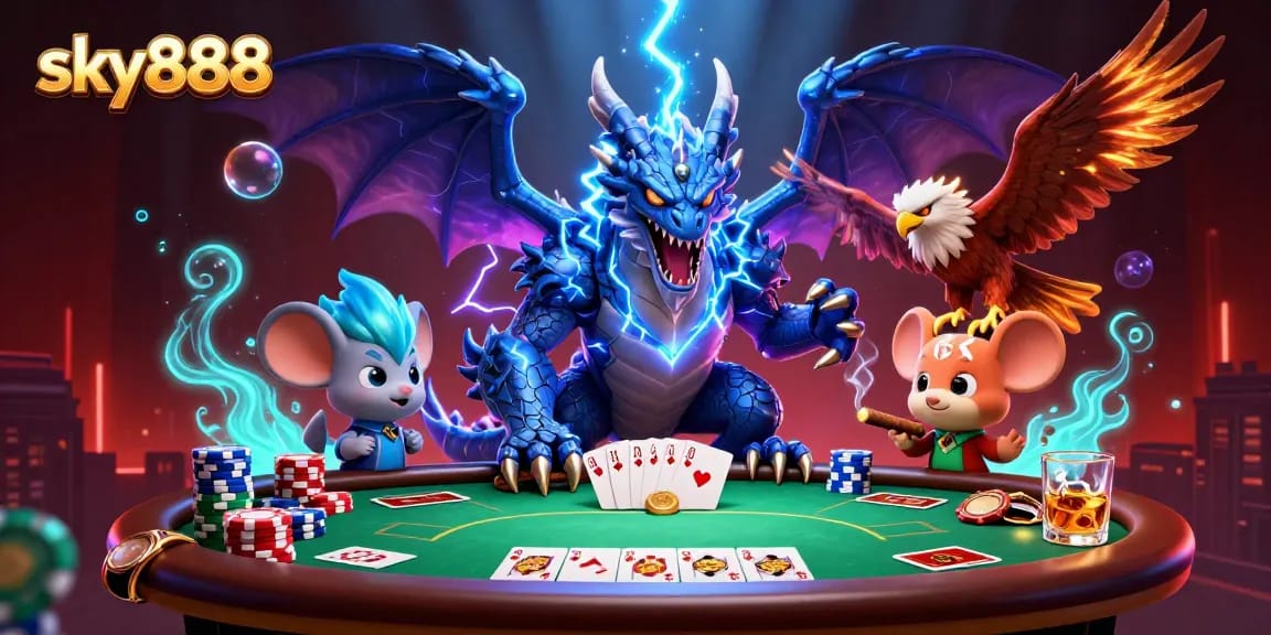 sky888 showcases a thunder dragon and poker scene with energetic casino gameplay elements.