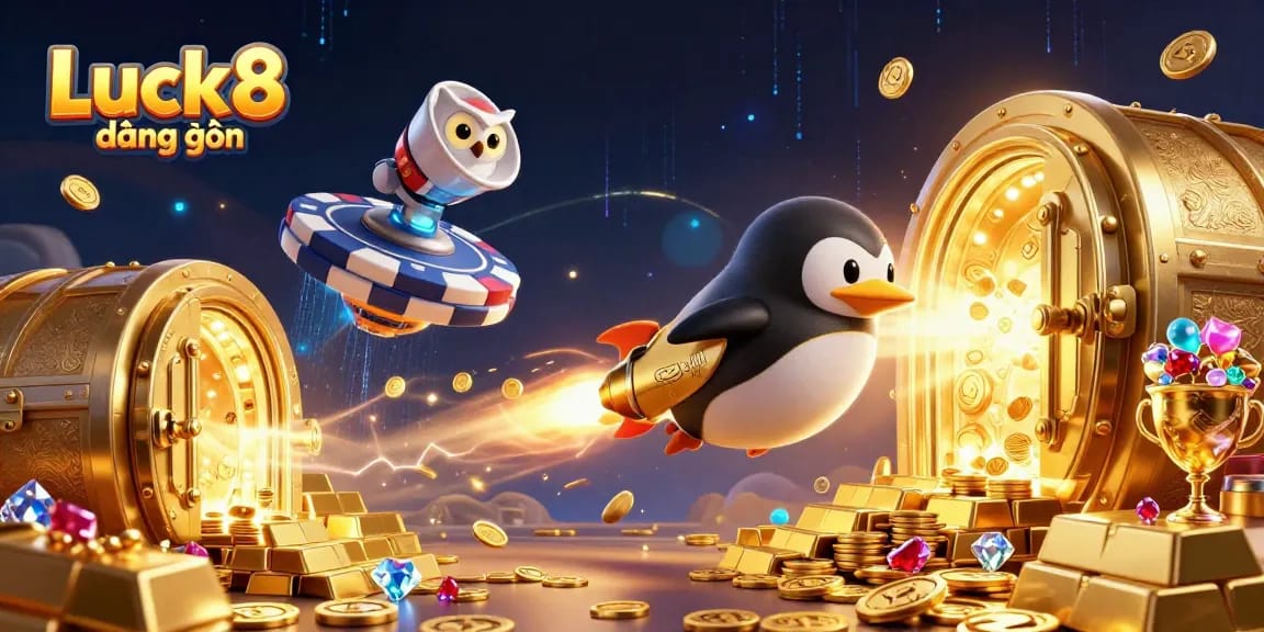 Luck8 đăng nhập - Experience thrilling casino adventures in a vibrant 3D illustration filled with gold!
