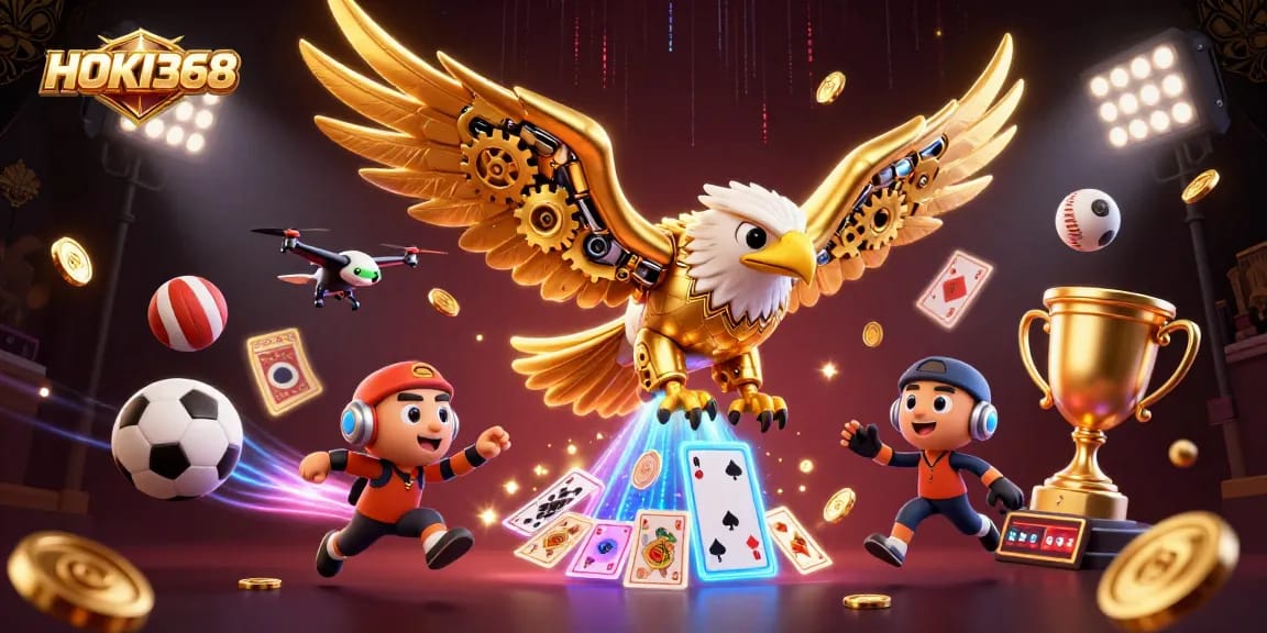 HOKI368 showcases thrilling sports betting action with vibrant elements and dynamic characters.