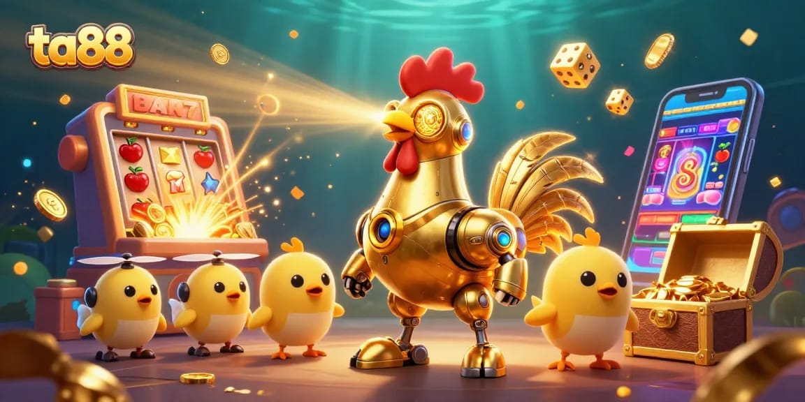 ta88 showcases a thrilling 3D casino scene with a golden rooster robot and dazzling jackpot effects.