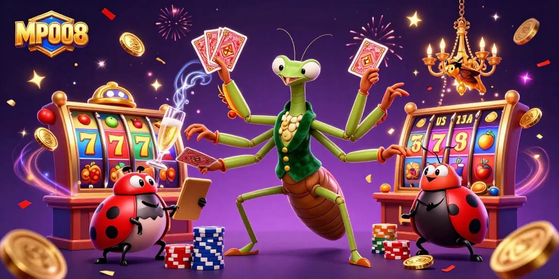 MPO08 features a vibrant 3D casino scene with a giant mantis card sharp and dynamic slot game elements.