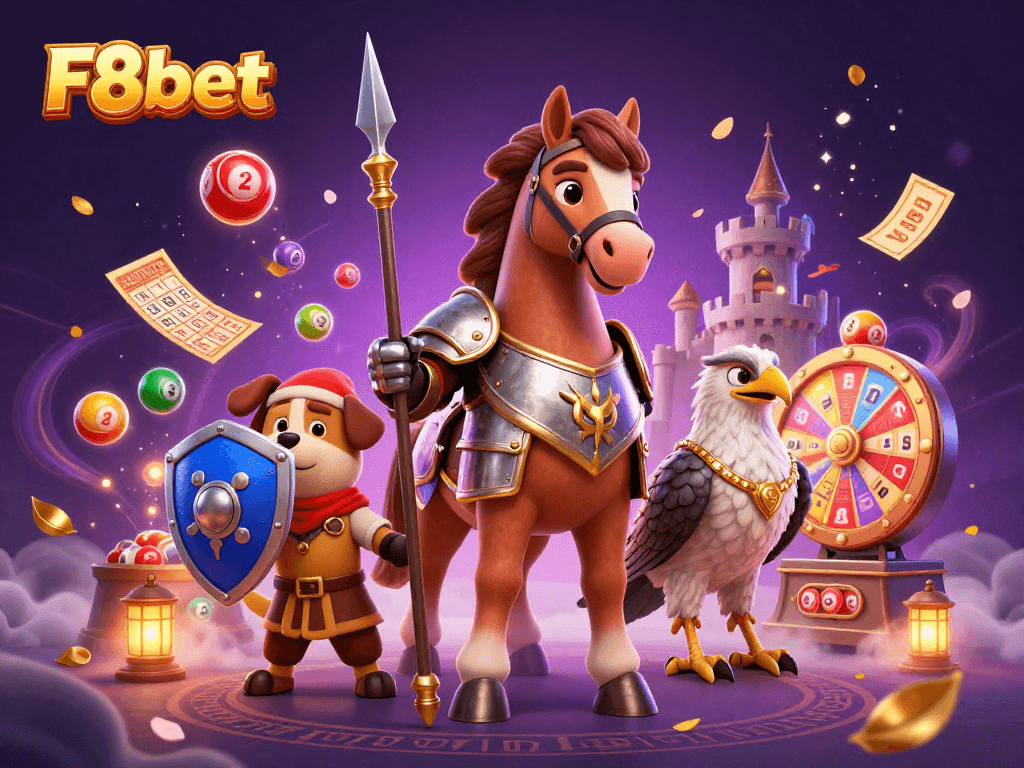 Join the exciting world of F8bet with a knight, a puppy, and a falcon amidst dynamic gaming elements.
