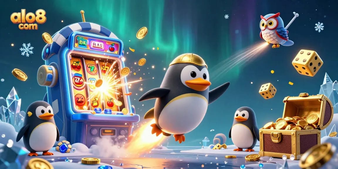 Win big at alo8 com with a thrilling 3D casino adventure featuring a rocket penguin and golden treasures.