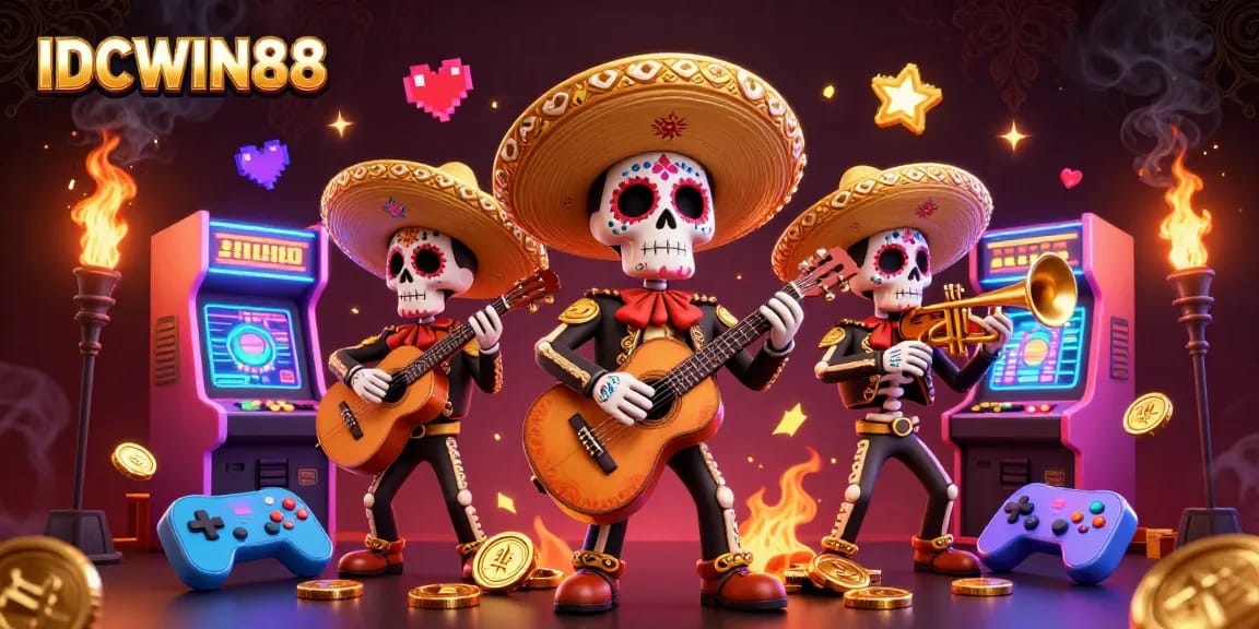 Experience thrilling gameplay at IDCWIN88 with a colorful Day of the Dead mariachi band amid vibrant gaming elements.