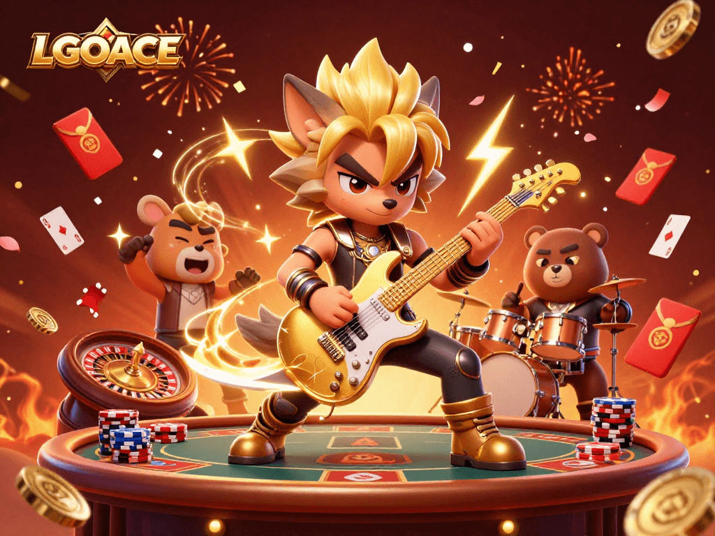 LGOACE captures dynamic gaming excitement with a cartoon rock star wolf and drummer bear at a vibrant casino.