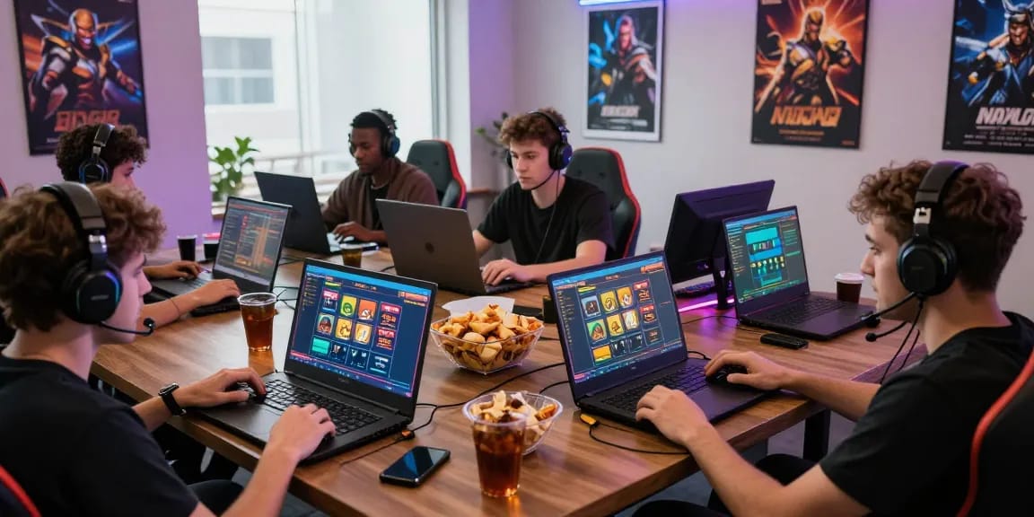 Diverse gamers enjoying online slots with visible RTP stats in a cozy gaming room.