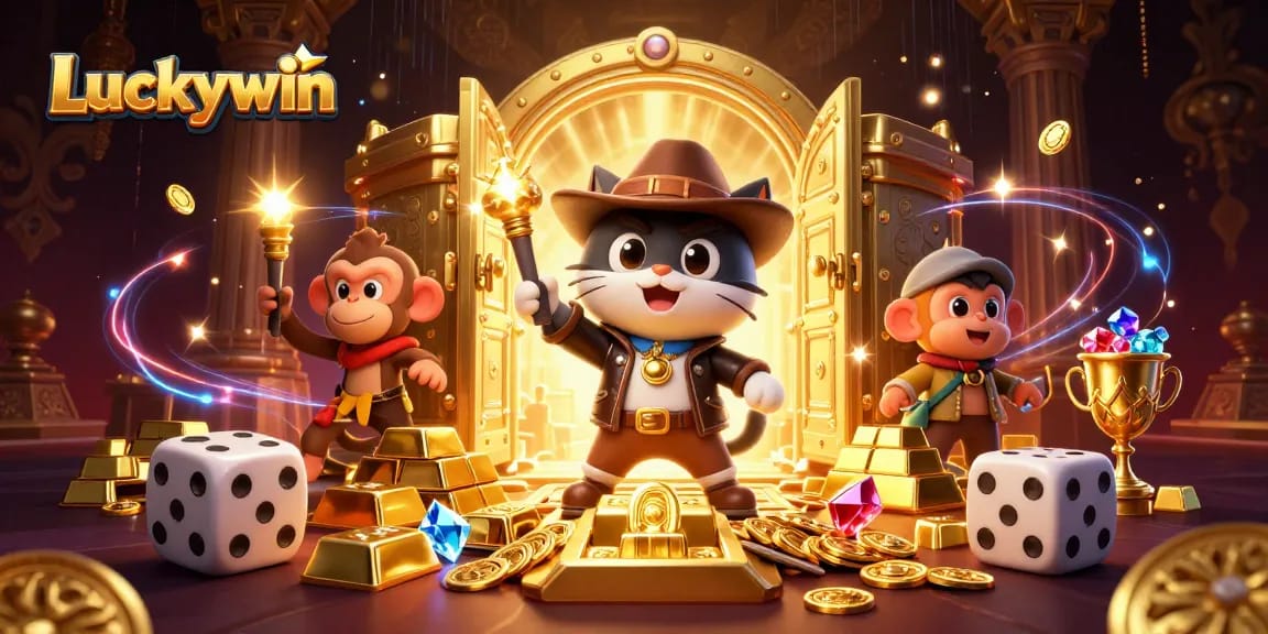 Engage with Luckywin's thrilling adventure uncovering hidden casino treasures illustrated in vibrant detail.