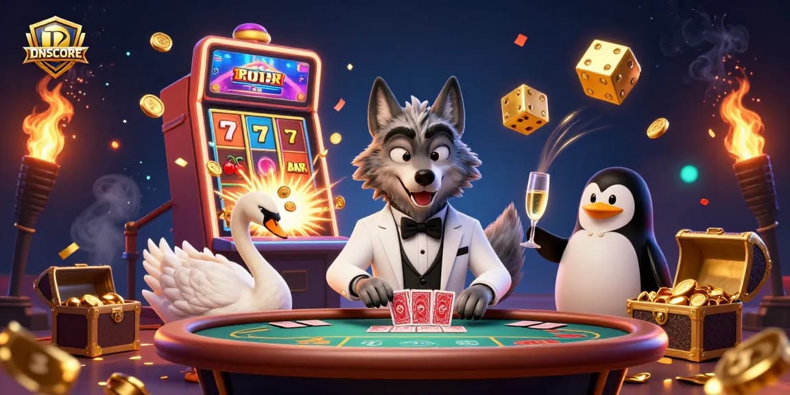 IDNSCORE offers an exciting gambling experience with a debonair wolf, elegant swan, and sophisticated penguin in a vibrant casino setting.