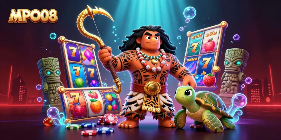 MPO08 presents an engaging 3D scene with a demigod and turtle in a vibrant casino setting.