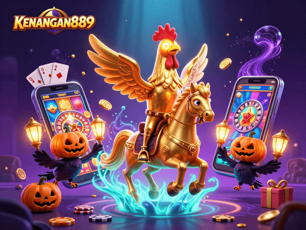 Play the latest slots with KENANGAN889, featuring vibrant 3D characters and action-packed casino elements.