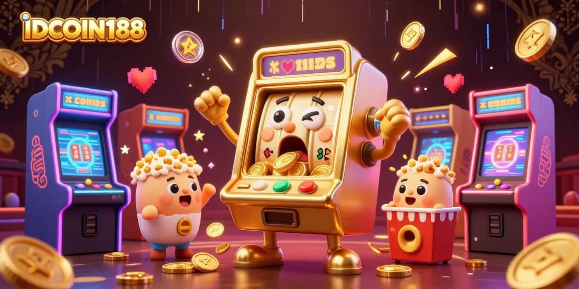 IDCOIN188 slot machine hits jackpot as coins pour out, surrounded by cheering baby slots and arcade games.
