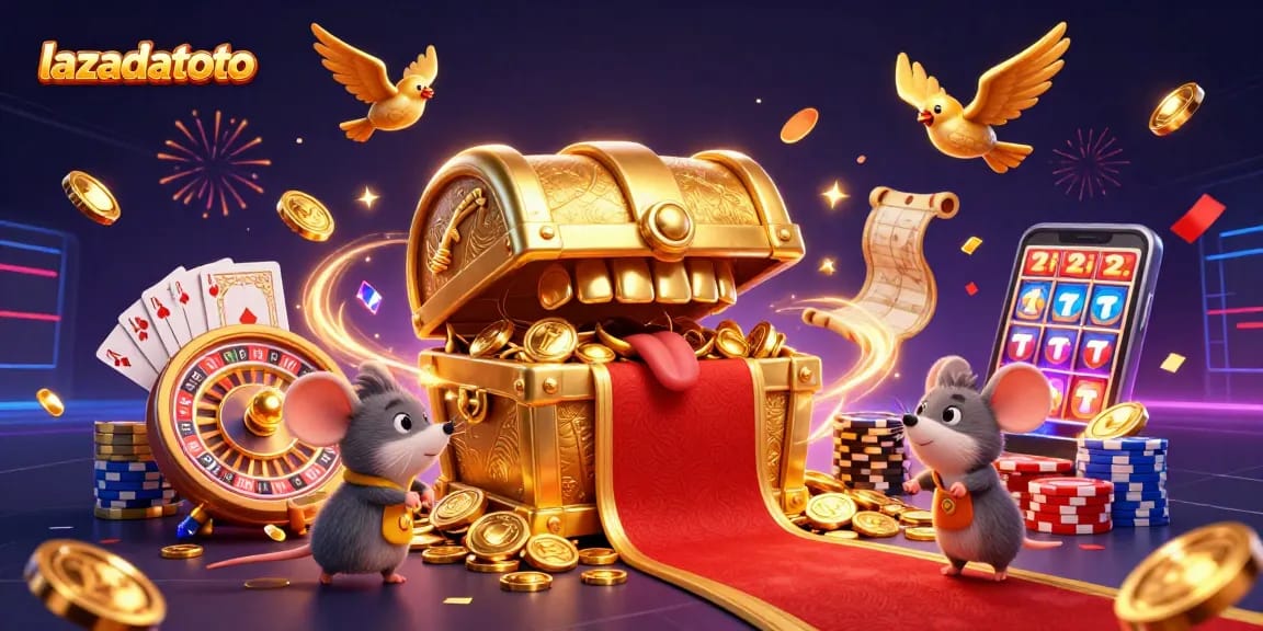Engage with lazadatoto's thrilling casino experience featuring a treasure chest and vibrant gambling elements.