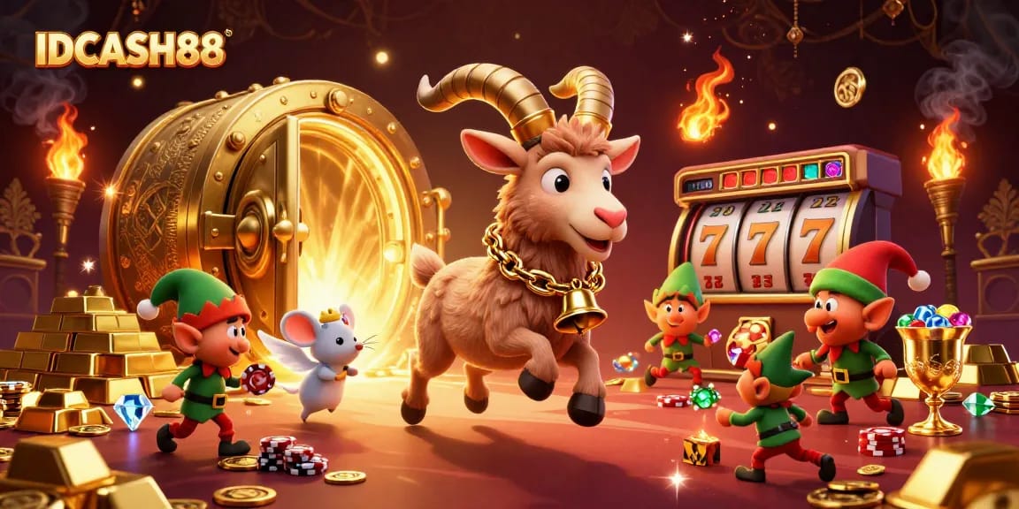 Experience the thrill of IDCASH88 with a festive casino scene featuring Krampus and a playful angel mouse.