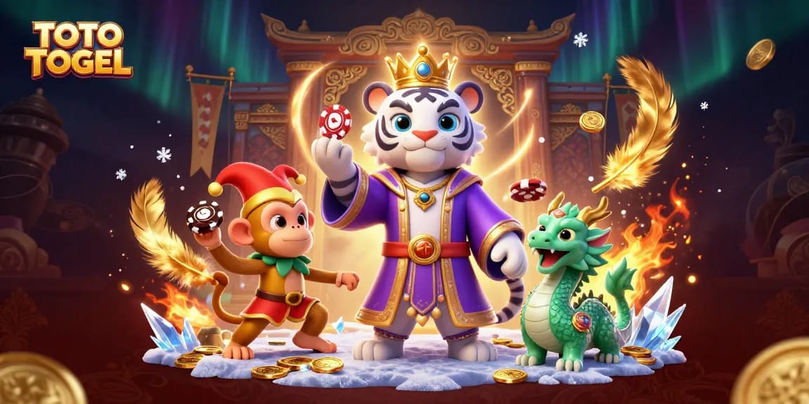 Menghadirkan aksinya TOTO TOGEL, macan putih elegan, monyet emas, dan naga giok dalam ilustrasi kasino 3D.