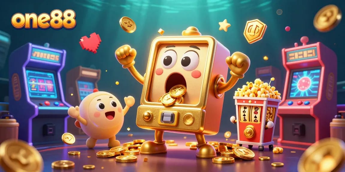 Experience the excitement of one88's jackpot with a lively scene of slot machines and game elements.