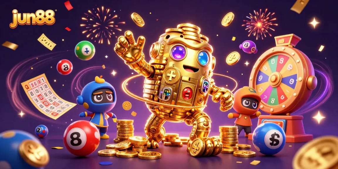 Experience the vibrant gaming world of jun88 with an ancient golden golem surrounded by colorful lottery elements.