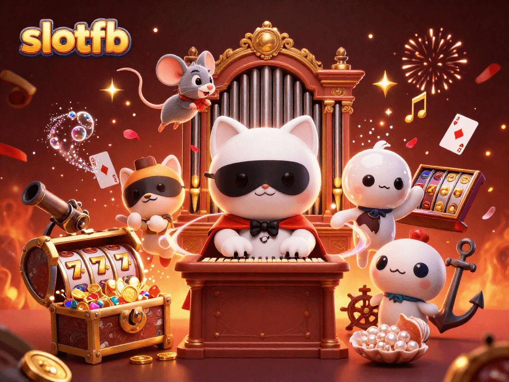Experience thrilling slots action with slotfb in a vibrant casino illustration, featuring animated characters.