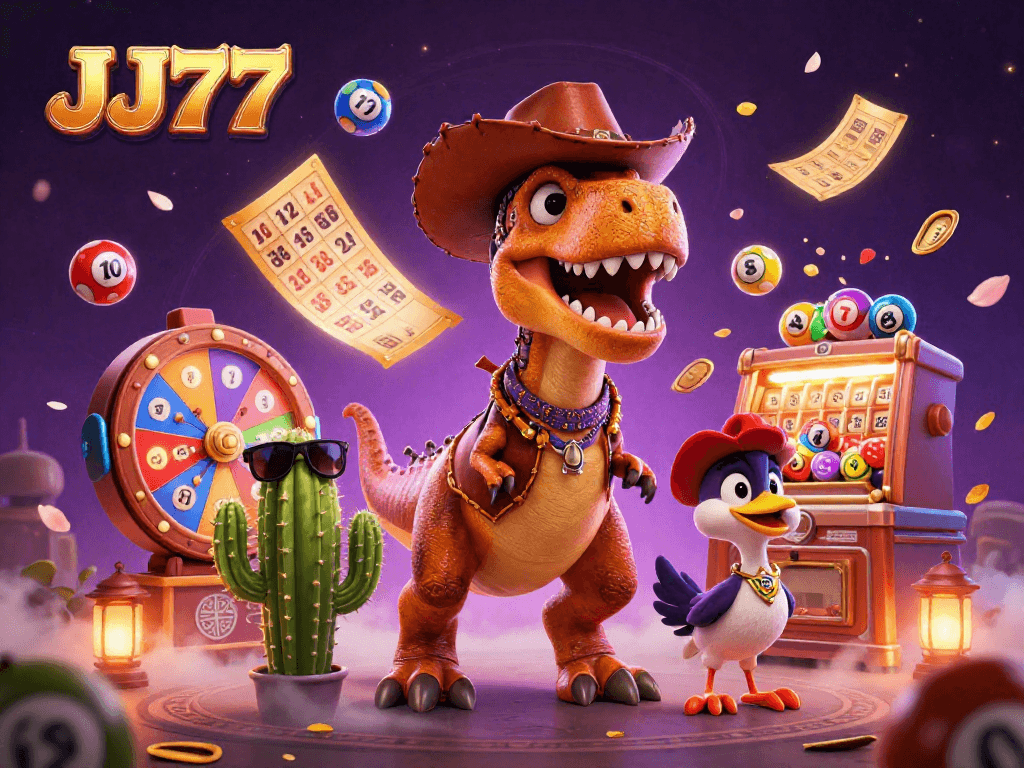 Engage in gaming excitement at JJ77 with dynamic visuals of casino fun and vibrant prizes.