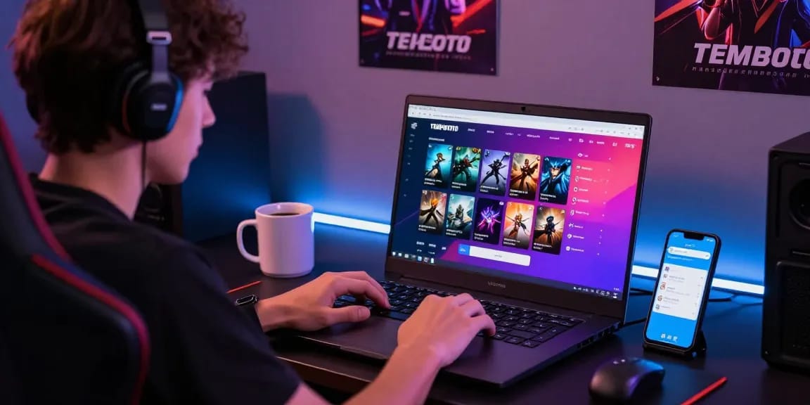 Exciting TEMPOTOTO login scene showcasing vibrant gaming interface with notifications and ambient lighting.
