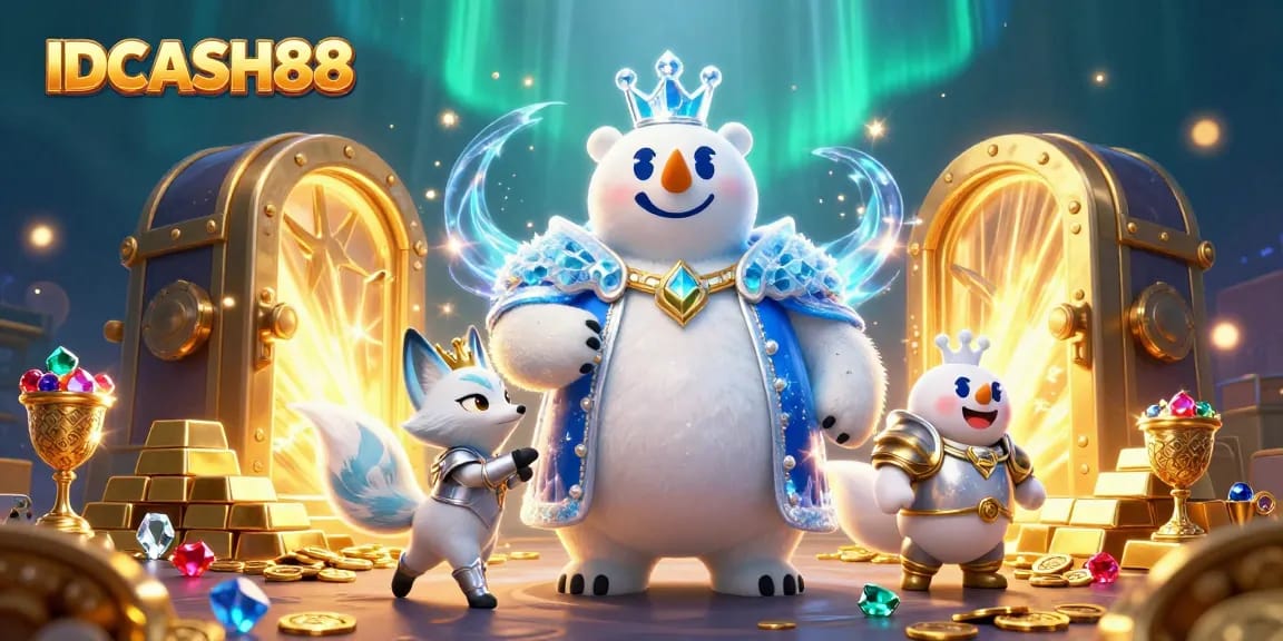 IDCASH88 offers thrilling gaming with ice king and treasures in a vibrant casino scene.